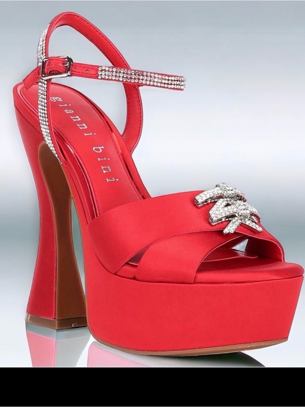 🌟 Gianni Bini DEMPSEY Red Satin Rhinestone Bow Platform Sandals